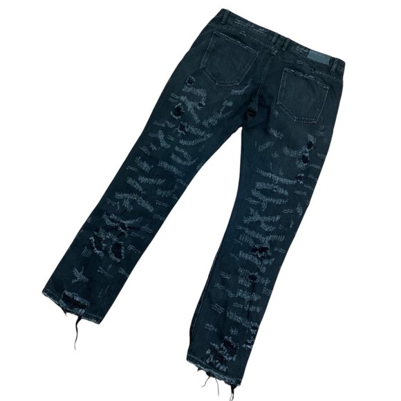 VTG Embellish Mens Jeans Black Distressed 38x33 Raw Hem Y2K Skater Streetwear - Picture 8 of 12